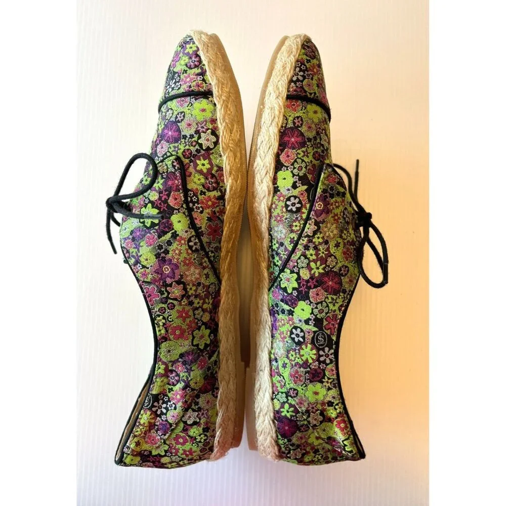 Tabitha Simmons Purple & Green Floral Espadrille Lace-Up Flats Sz 8.5 US 39 EUR